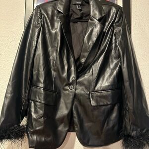 Forever 21 Black Faux Leather Blazer with Feather Trim